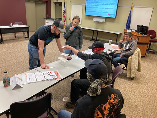 Students in Mid-State’s supervisory training for Domtar engage in a team building exercise simulating a manufacturing project, from planning through execution to quality control. The exercise is designed to highlight the critical role of each stage and produce a greater appreciation for the skills and trust required to successfully lead a team through complex projects. 