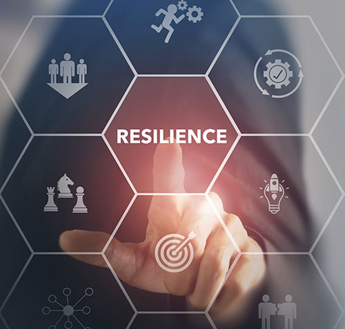 Different icons with the word "Resilience" in the middle with a finger pressing it