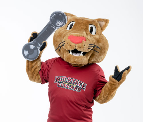 Mid-State's mascot, Grit, with a phone.