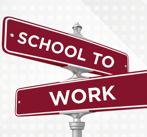 Road signs that say school to work.