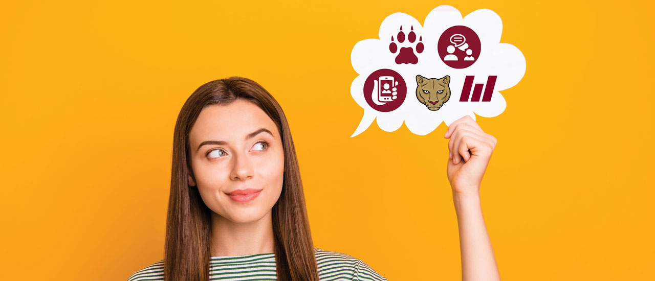 Person with a thought bubble next to them containing icons with a cougar paw, a conversation, Mid-State Logo, Mid-State mascot Grit, and a hand holding a phone.