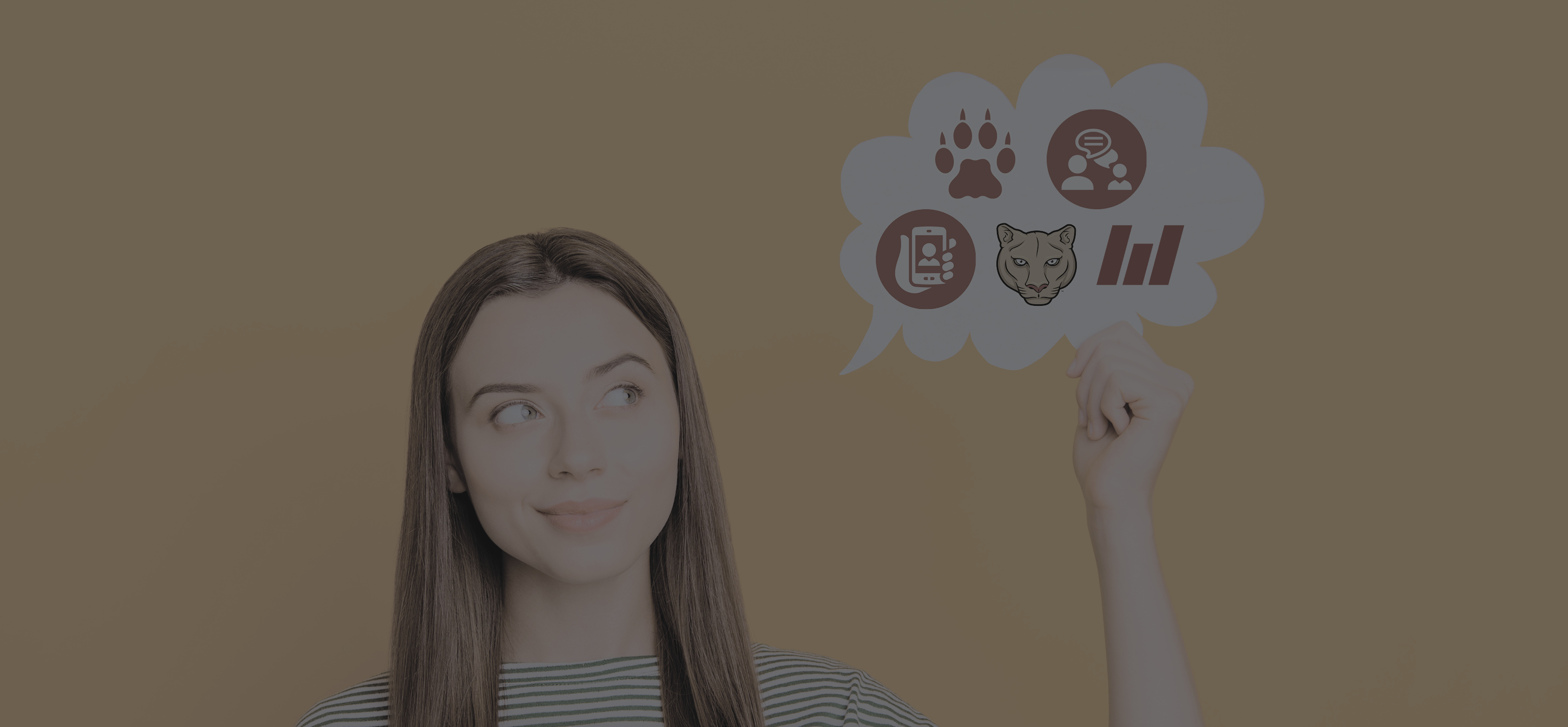 Person with thought bubble next to them with Mid-State Icons. Cougar Paw, onversation, phone in hand, mascot Grit, Mid-State Logo