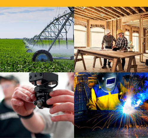 Four images: farm irrigation system, two people working in construction, manufacturing technology, and a person welding.