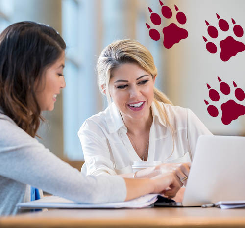 2 people sitting at a table looking at a laptop screen. Red cougar paws overlaid in the top right corner.