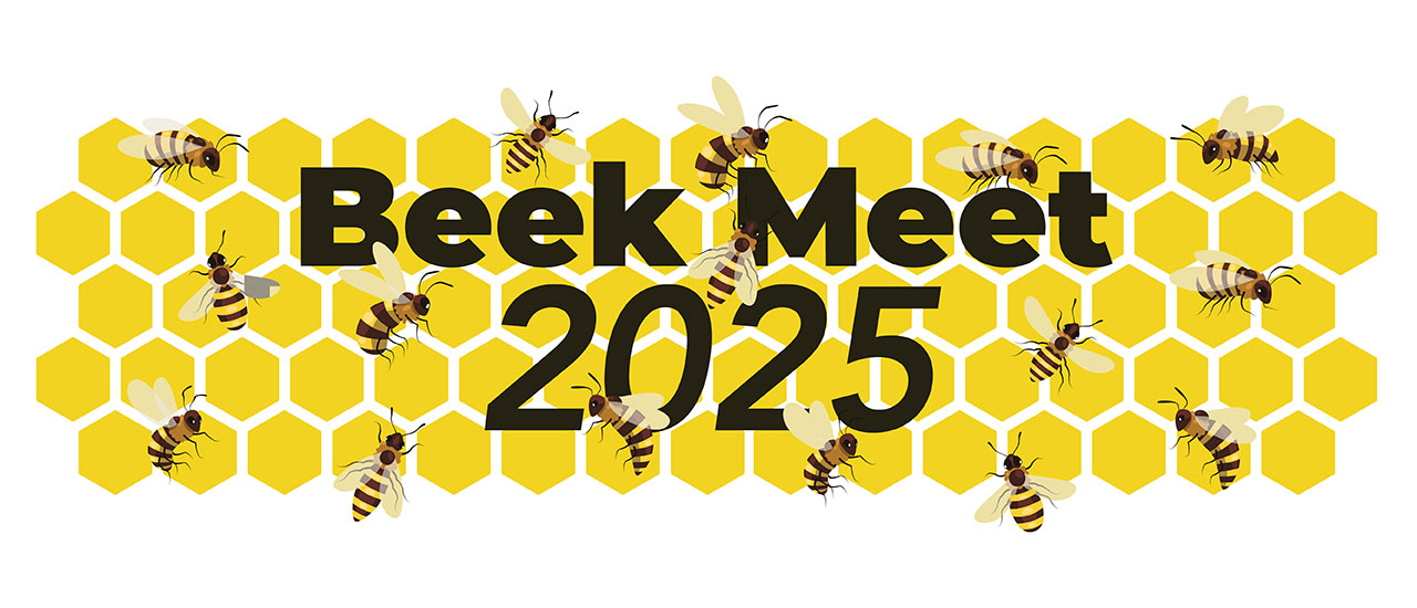 "Beek Meet 2025" honeycomb image with bees all around it