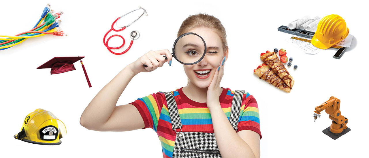 Person with magnifying glass. Items representing different Mid-State programs floating around her