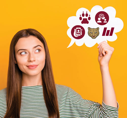 Person with a thought bubble next to them containing icons with a cougar paw, a conversation, Mid-State Logo, Mid-State mascot Grit, and a hand holding a phone.