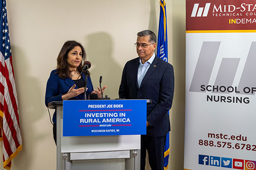 White House Domestic Policy Advisor Neera Tanden and HHS Secretary Xavier Becerra speak to media during their visit to Mid-State Technical College’s Healthcare Simulation Center 