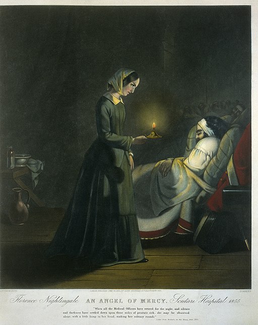 A depiction of Florence Nightingale making night rounds at Scutari hospital during the Crimean War. Coloured mezzotint, c. 1855, by Tomkins after Butterworth. (This image comes from Wellcome Images, a website operated by Wellcome Trust, a global charitable foundation based in the United Kingdom.)