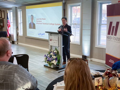 Layla Merrifield, Wisconsin Technical College System (WTCS) president, addresses attendees at the WTCS Ag Day celebration hosted by Mid-State Technical College, March 11, at the American Legion Post 54 in Marshfield, Wis.