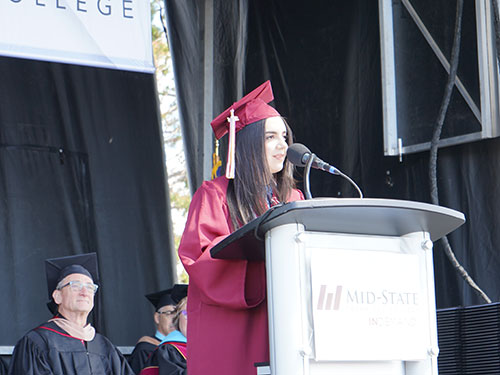 1.	Student speaker and University Transfer-Associate of Arts graduate Maria Arias Rodriquez delivers her address at Mid-State’s spring commencement on the Wisconsin Rapids Campus, May 11, 2024.