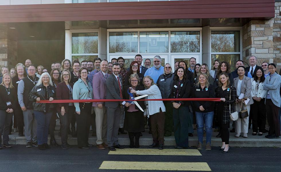 Attendees at the Stevens Point Downtown Campus renaming and ribbon cutting, Nov. 7. Front row, from left: Portage County Business Council (PCBC) Ambassador Dorothy Pientka; Mid-State Technical College Dean of Schools of Business & IT and Hospitality Trina Kloehn, Vice President of Academics Chris Severson, Dean of Stevens Point Downtown Campus and School of Business & IT Ben Nusz and President Shelly Mondeik; PCBC Ambassadors Debbie Lepper, Melissa Blenker, Mary Lane and Billie Sjomeling.