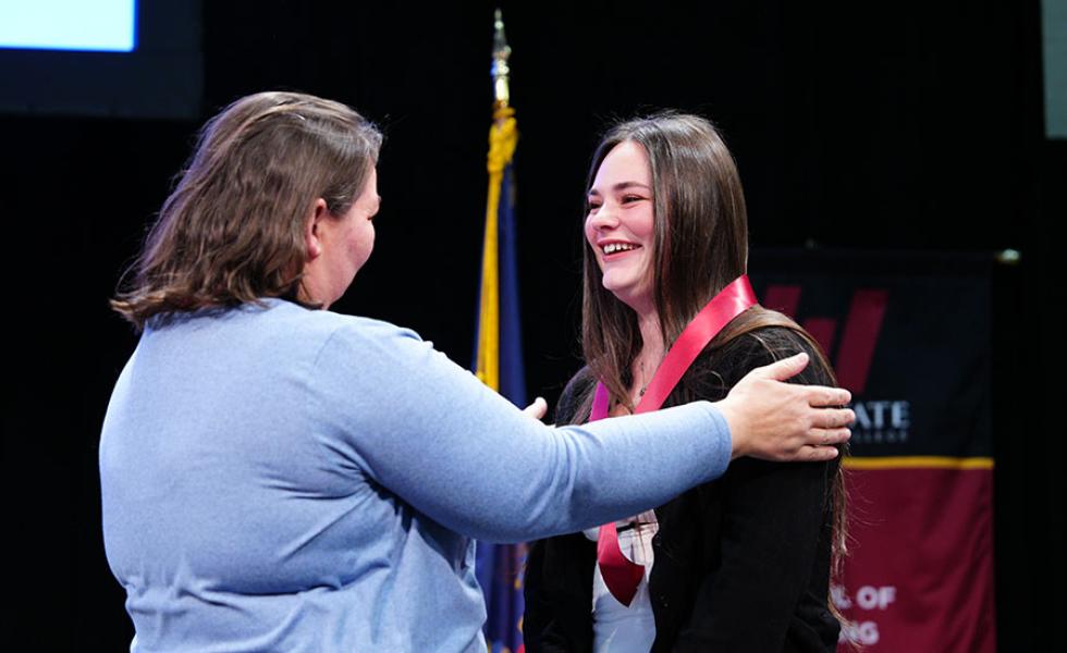 Mid-State Technical College Nursing program graduate Lucy Bootz receives her nursing pin from Mid-State Nursing instructor Sandra Dieck during the College’s pinning ceremony on the Wisconsin Rapids Campus, Dec. 17.