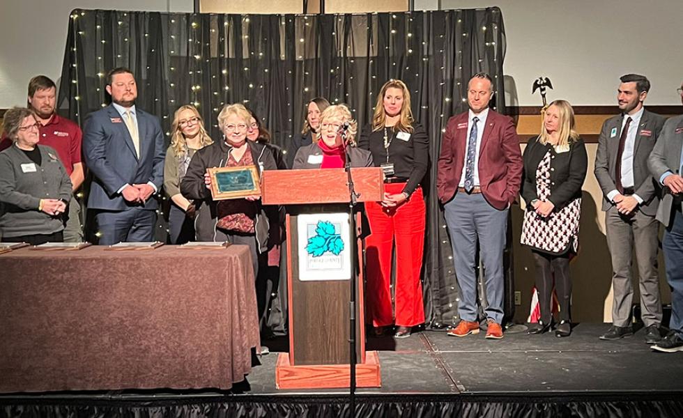 Mid-State Technical College President Dr. Shelly Mondeik accepts the 2024 Portage County Business Council Decree of Excellence award on behalf of the College, at the Holiday Inn Hotel & Convention Center in Stevens Point, Jan. 23.