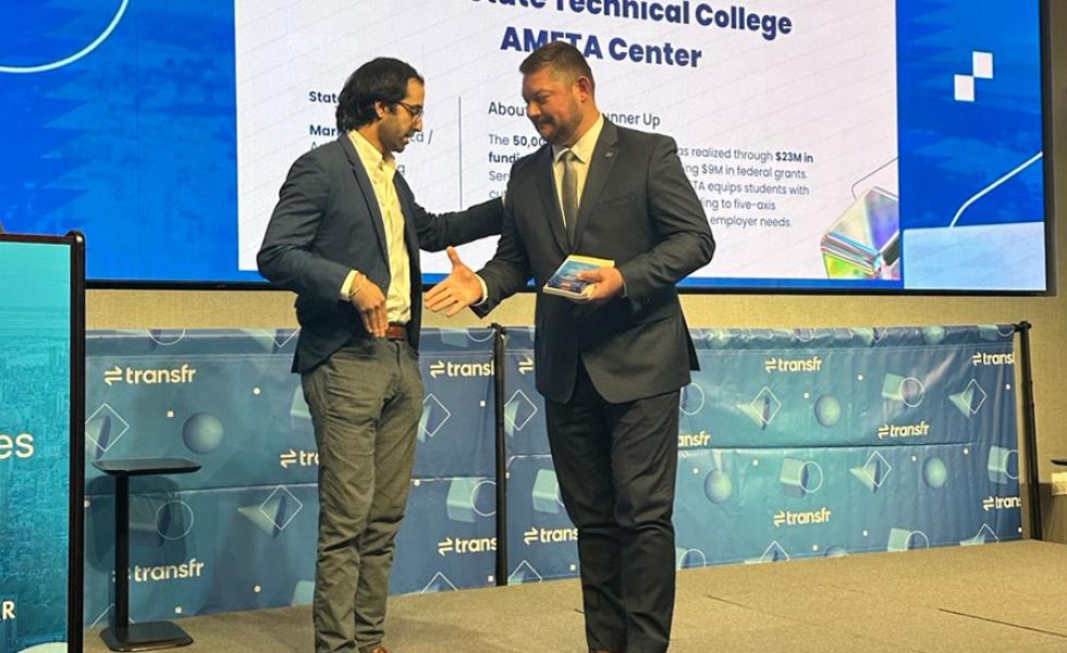 From left: John Iaia, Lenovo head of strategic alliances and ventures, presents Mid-State Technical College Dean of Applied Technology Ryan Kawski with the College’s runner-up award in Transfr’s Trailblazer Power of Partnership competition. The award was presented during Transfr’s XR Futures conference in New York City on Oct. 6.