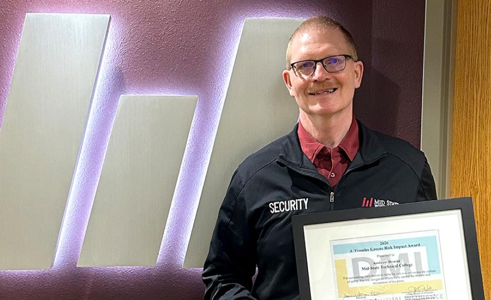 Mid-State Technical College Director of Safety & Security Andrew Dewitt, recipient of the J. Timothy Greene Risk Impact Award. The award was presented by Districts Mutual Insurance on April 23 at the DMI Conference.