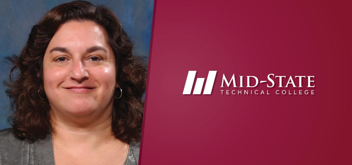 Headshot of Sharon Behrens with Mid-State Technical College logo over burgundy background.