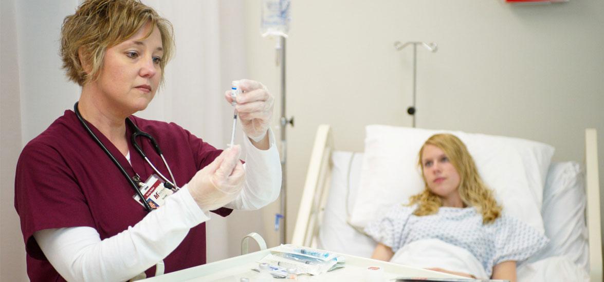 A Mid-State Technical College Nursing student prepares an injectable medication after assessing the patient, calculating the medication amount, and following several safety steps to ensure the patient is receiving the correct medication. Hands-on practice is a critical component of the program and supports the transfer of theory into clinical practice. Nursing Schools Almanac has again named Mid-State’s Nursing program in the top ten among nursing schools in the state.