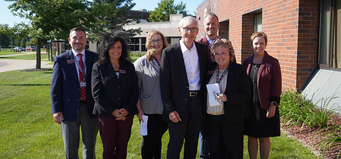 Gov. Tony Evers with Mid-State Technical College staff during his visit to college’s Wisconsin Rapids Campus on Aug. 31. From Left: Director of Workforce & Professional Development Craig Bernstein, Vice President of Workforce Development & Community Relations Dr. Bobbi Damrow, Vice President of Student Services & Enrollment Management Dr. Mandy Lang, Evers, Executive Dean of Academic & Professional Excellence and Wisconsin Rapids Campus Dean Dr. Chris Severson, President Dr. Shelly Mondeik and Vice Presi