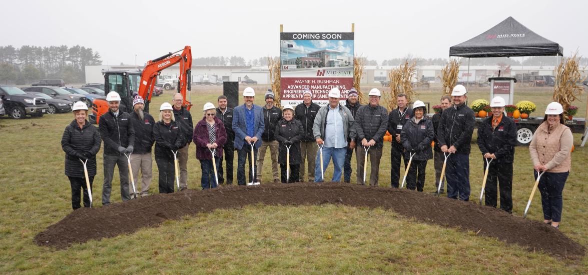 Mid-State leadership and faculty, AMETA Center campaign chairs and representative from Gov. Tony Evers’ office. From left: Deb Stencil, Ben Nusz, Aaron Wulk, Mandy Mayek, Joe Byczynski, Betty Bruski-Mallek, Greg Webster, Scott Groholski, Mike Schultz, Shelly Mondeik, Mike Berry, Wayne Bushman, Kerry Duckart, Joe Kinsella, Jim Koskey, Bobbi Damrow, Chris Johnson, Ryan Kawski, Greg Bruckbauer and Maggie Gau (governor’s office).