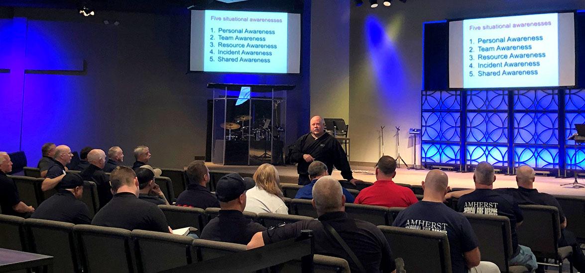 Keynote speaker Dr. Richard Gasaway gives a presentation on situational awareness at the 2023 Central Wisconsin Fall Fire Conference on Saturday, Sept. 30, at Crossview Community Church in Wisconsin Rapids.