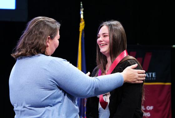 Mid-State Technical College Nursing program graduate Lucy Bootz receives her nursing pin from Mid-State Nursing instructor Sandra Dieck during the College’s pinning ceremony on the Wisconsin Rapids Campus, Dec. 17.