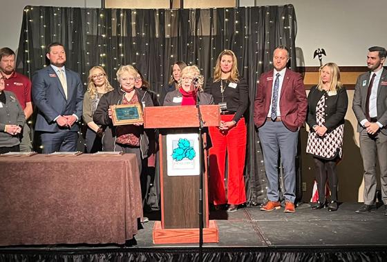 Mid-State Technical College President Dr. Shelly Mondeik accepts the 2024 Portage County Business Council Decree of Excellence award on behalf of the College, at the Holiday Inn Hotel & Convention Center in Stevens Point, Jan. 23.