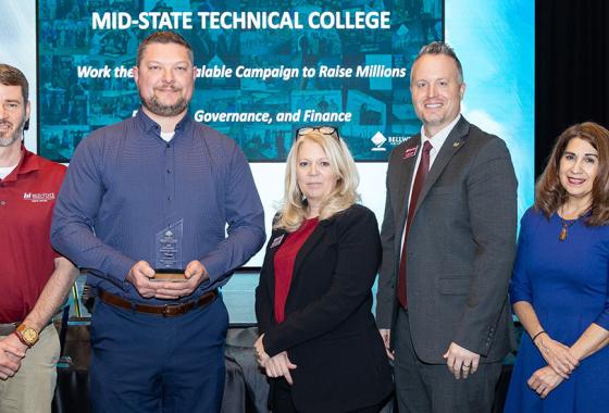 Mid-State’s Bellwether panelist team receives the Showcase Award for their booth presentation in the Planning, Governance and Finance category Bellwether College Consortium’s 31st Annual Community College Futures Assembly (CCFA) held in San Antonio, Texas, Feb. 26. From left: Instructor of Civil Engineering Technology - Highway Technician Mike Johnson, Dean of the School of Applied Technology Ryan Kawski, Director of Foundation & Alumni Micki Dirks-Luebbe and Vice President of Academics Chris Severson. Al